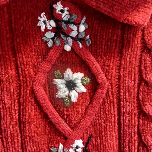 Red Alfred Dunner Cable Knit Chenille Sweater Floral Embroidery Size PXL (T-341) - Picture 11 of 12